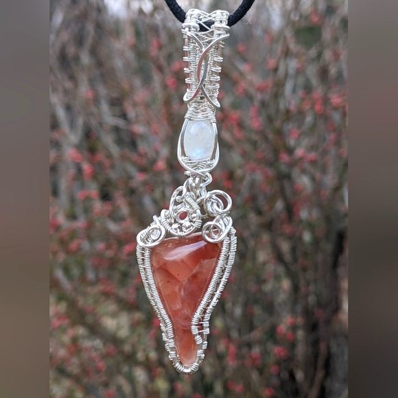 Sterling Silver Moonstone And Strawberry Rhodochrosite Pendant Necklace Handmade - Picture 4 of 17